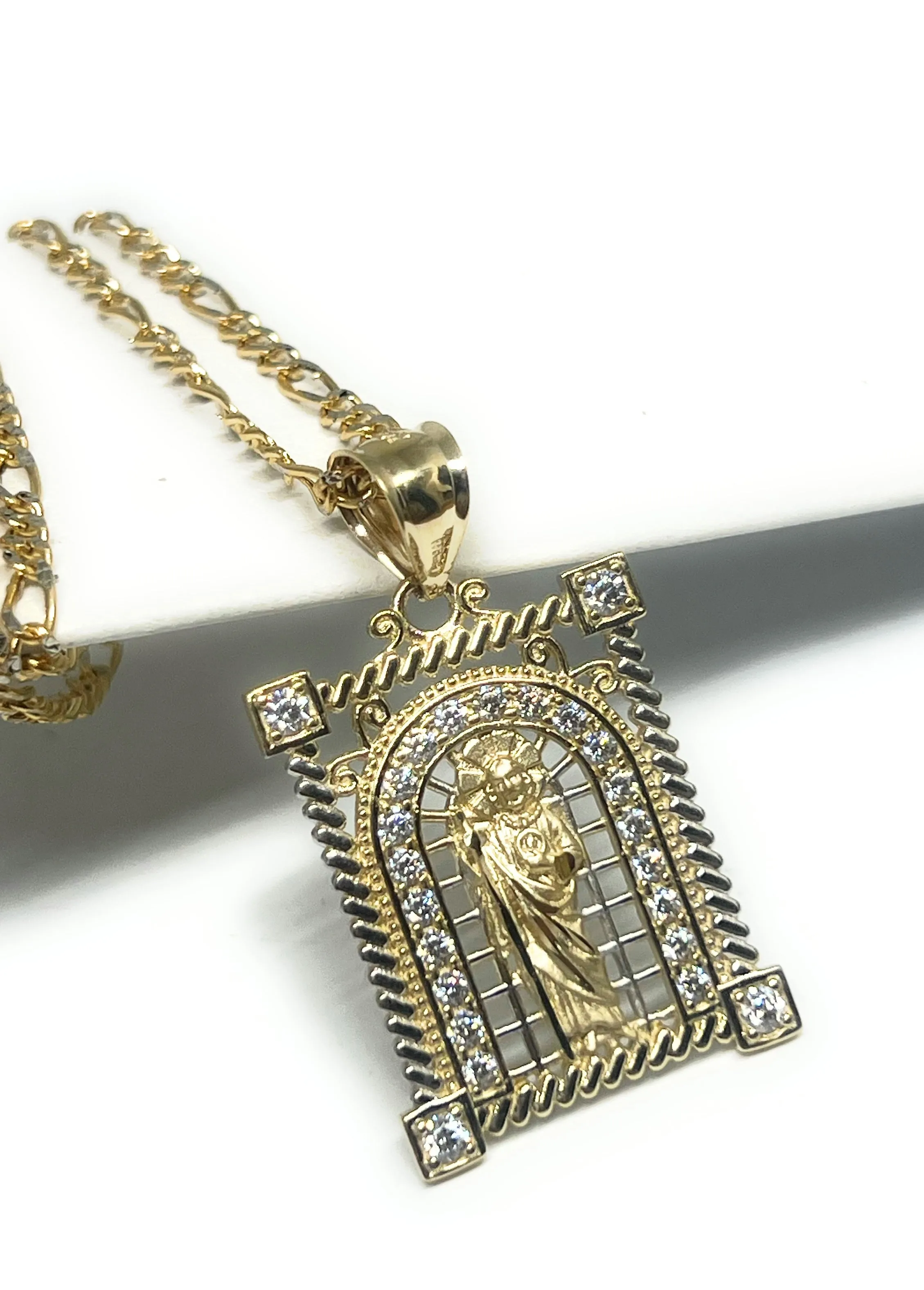 14k Solid Gold Yellow CZ Saan Judas Saaint Jude SQUARE FRAME Pendant with Figaro Chain