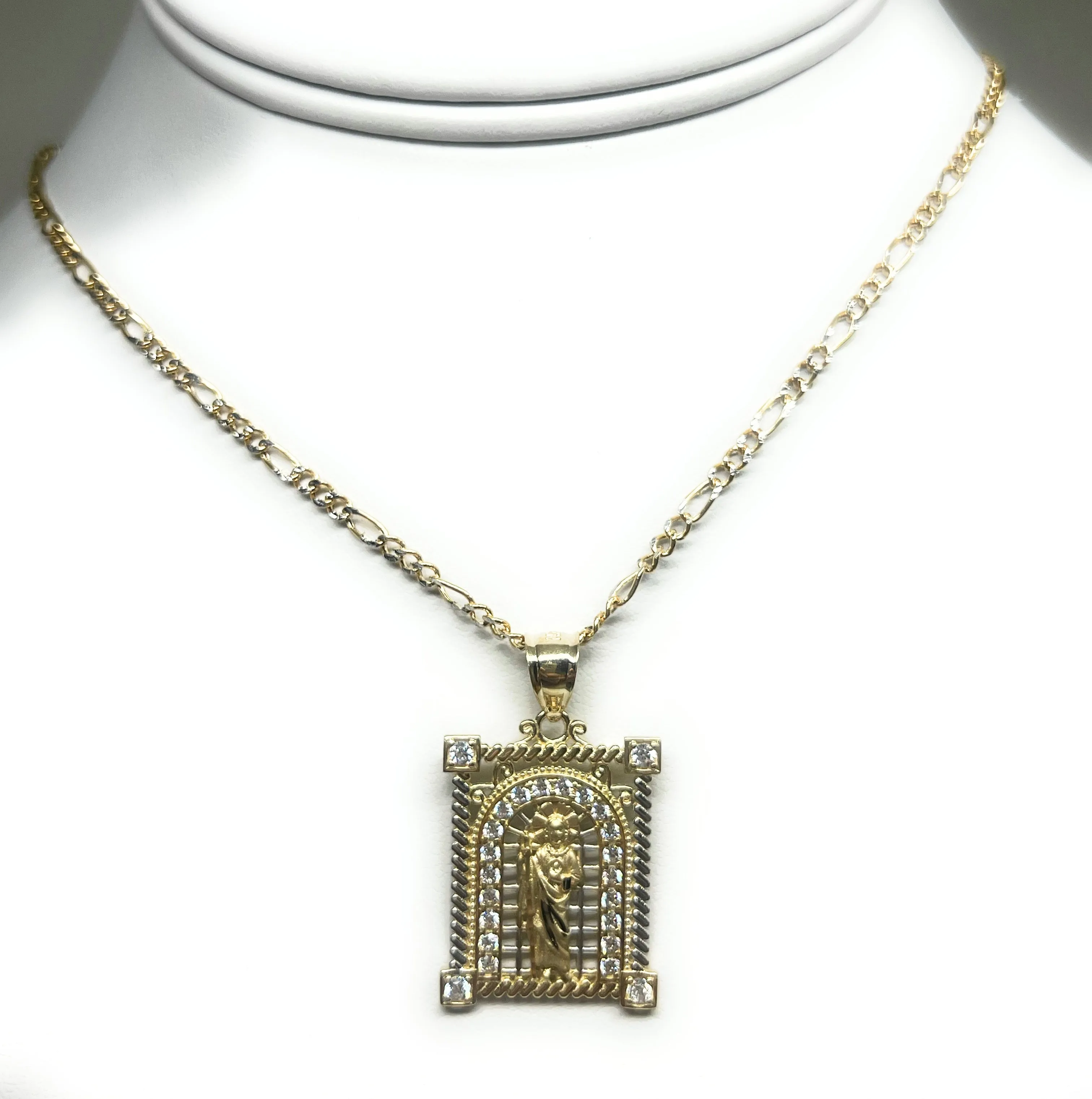 14k Solid Gold Yellow CZ Saan Judas Saaint Jude SQUARE FRAME Pendant with Figaro Chain