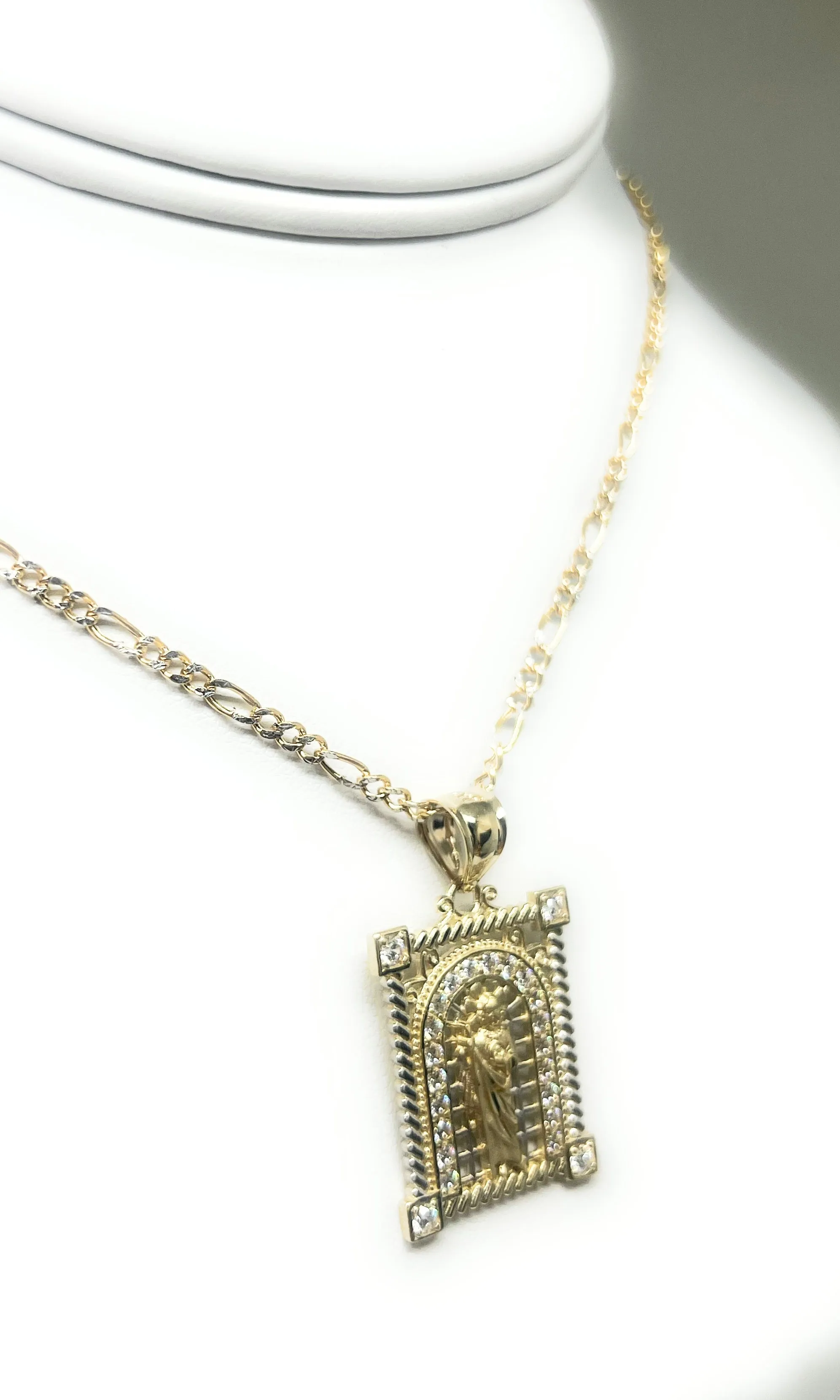 14k Solid Gold Yellow CZ Saan Judas Saaint Jude SQUARE FRAME Pendant with Figaro Chain