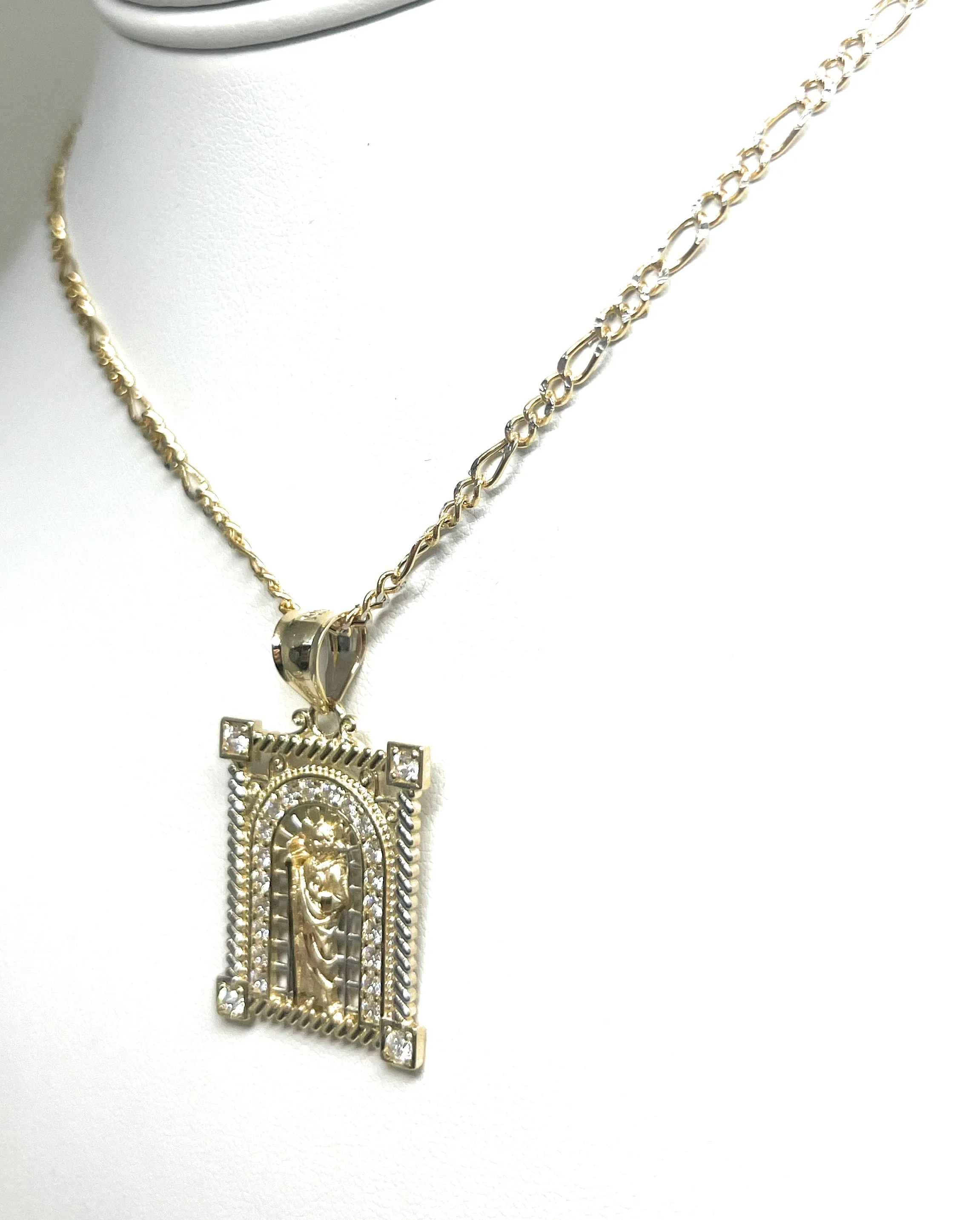 14k Solid Gold Yellow CZ Saan Judas Saaint Jude SQUARE FRAME Pendant with Figaro Chain