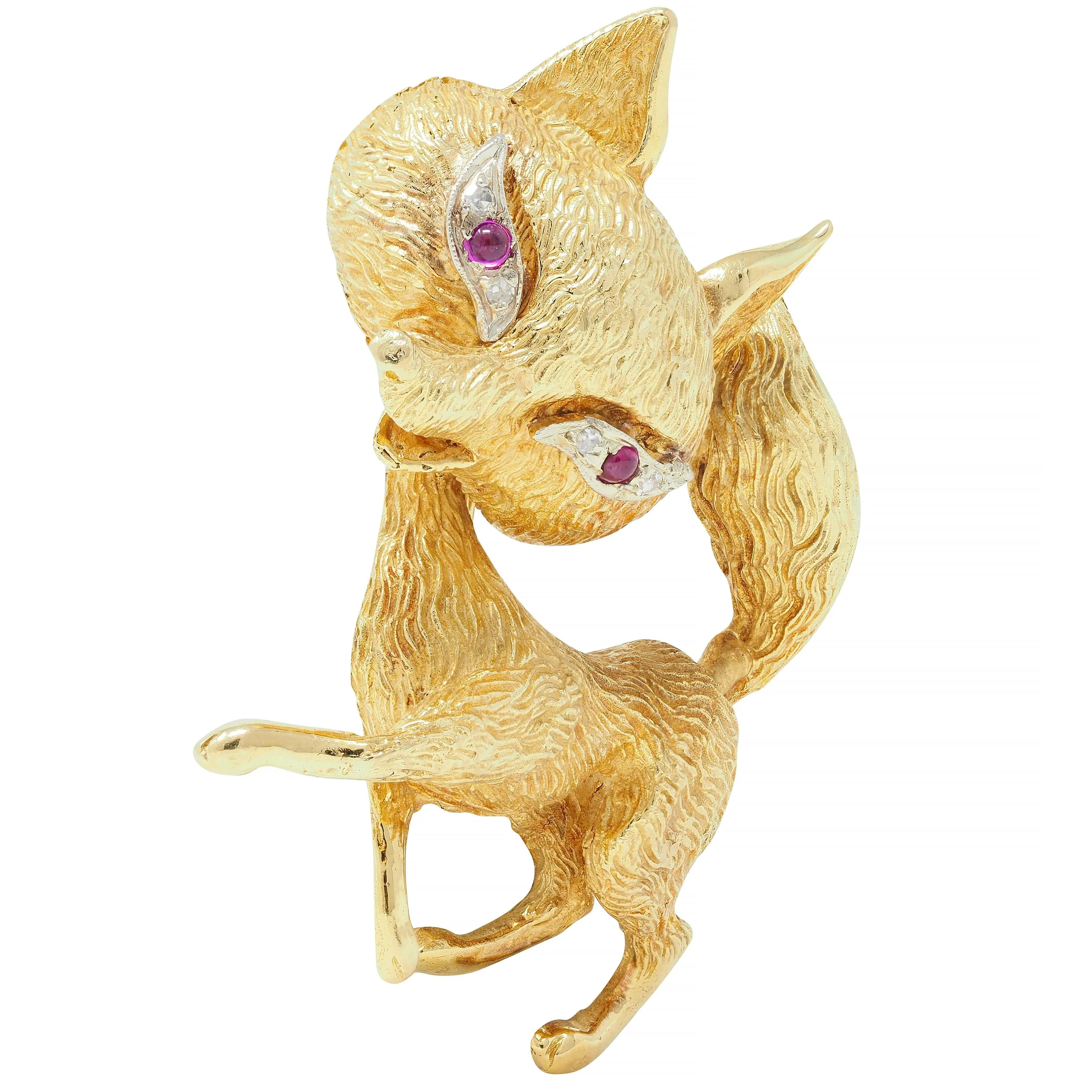 1960's Ruby Diamond Platinum 18 Karat Yellow Gold Whimsical Fox Vintage Brooch