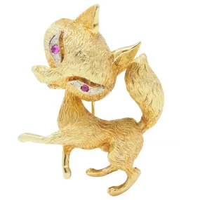 1960's Ruby Diamond Platinum 18 Karat Yellow Gold Whimsical Fox Vintage Brooch