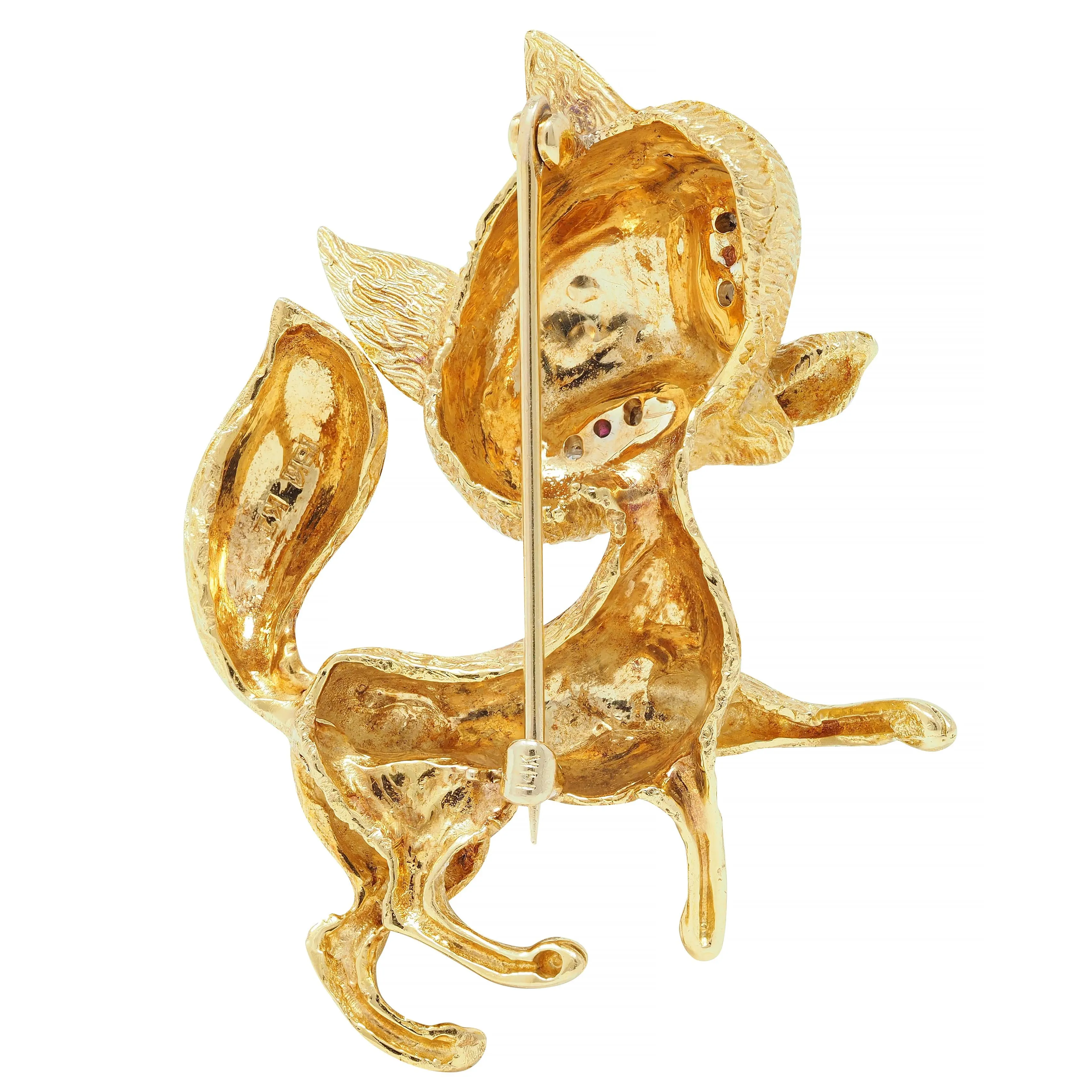 1960's Ruby Diamond Platinum 18 Karat Yellow Gold Whimsical Fox Vintage Brooch