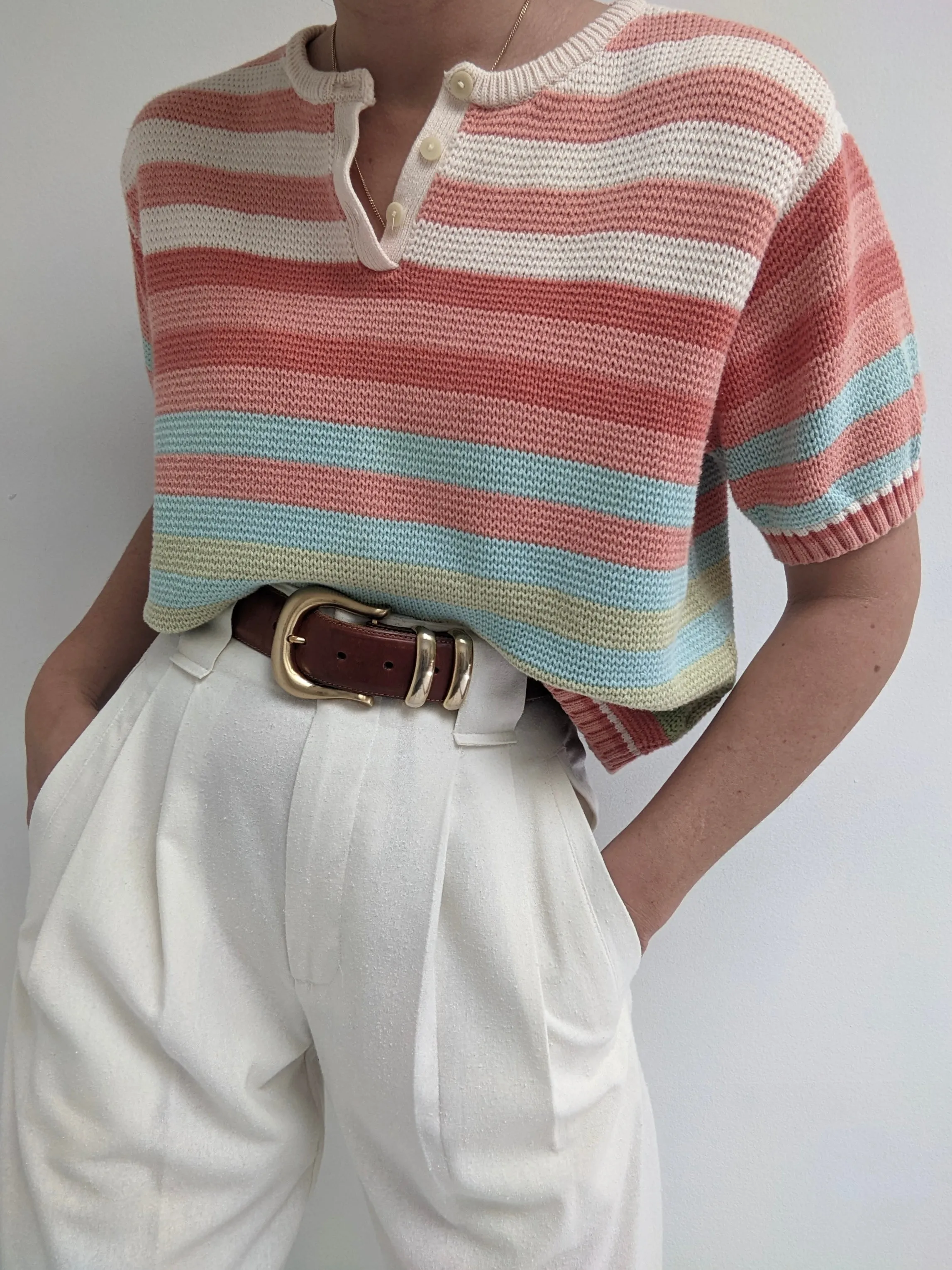 90s Striped Short Sleeve Henley