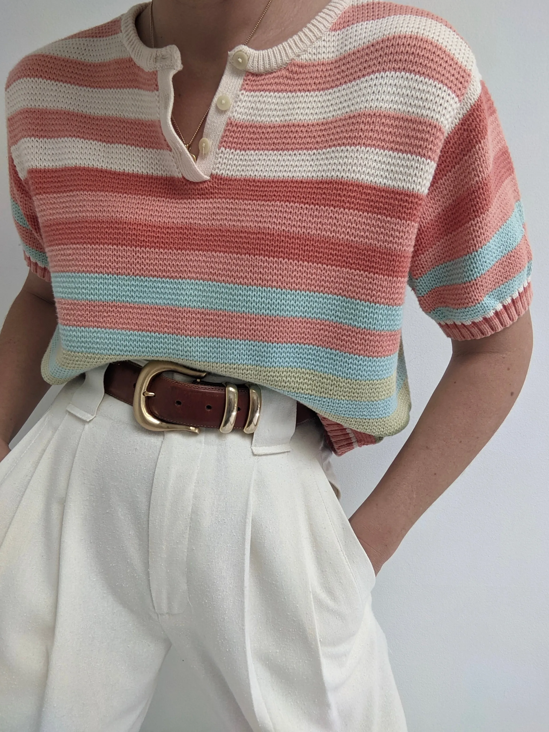 90s Striped Short Sleeve Henley