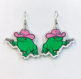 Acrylic Cowboy Frog Earrings, Bang Bang Frog