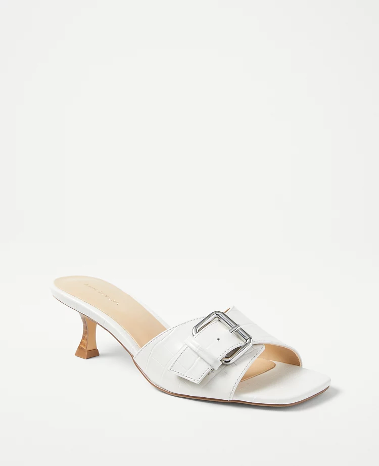 Ann Taylor Embossed Buckle Strap Kitten Heel Sandals Winter White Women's