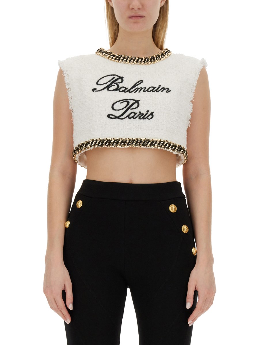 BALMAIN    TWEED CROP TOP WITH LOGO