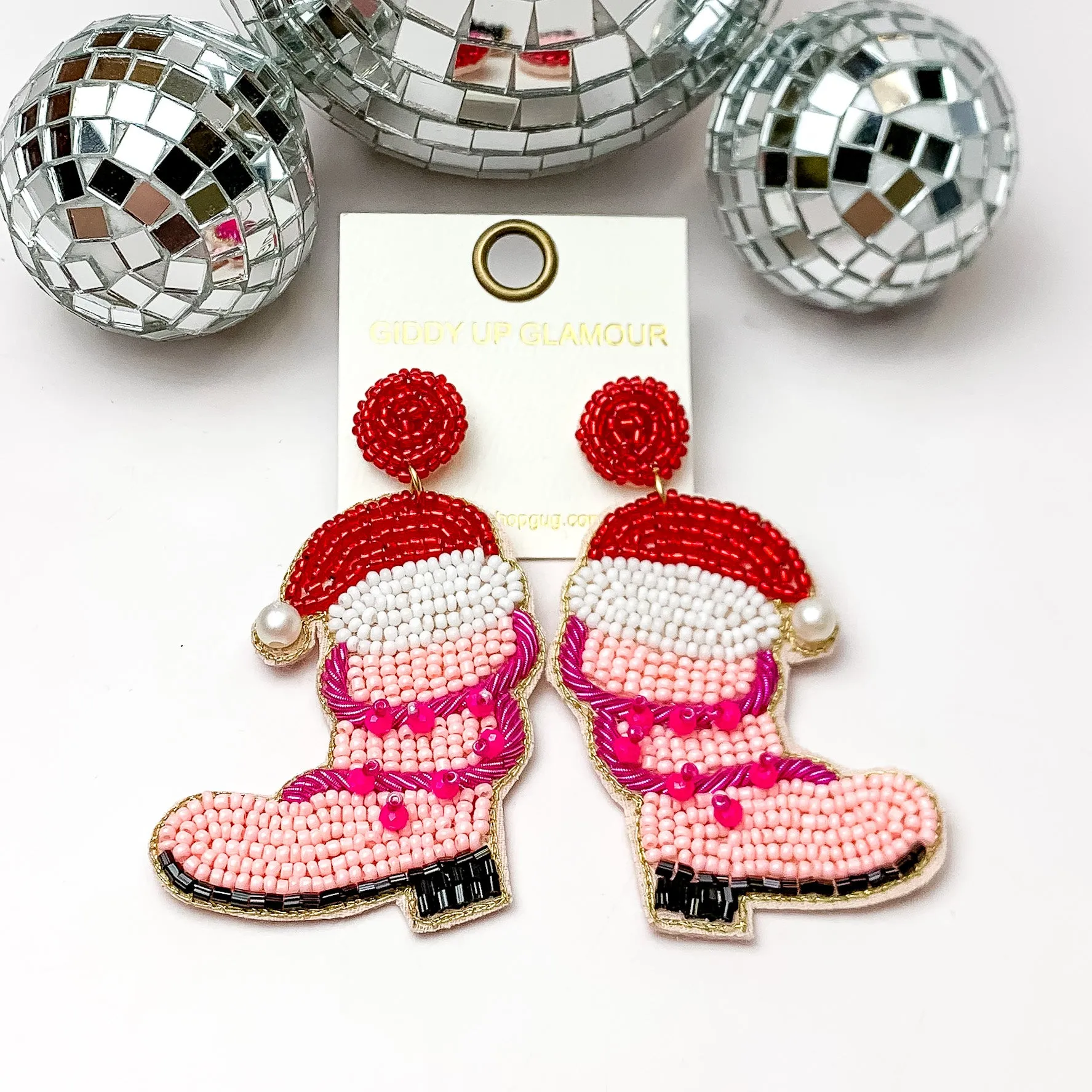 Beaded Cowboy Boot Earrings with Santa Hat in Light Pink