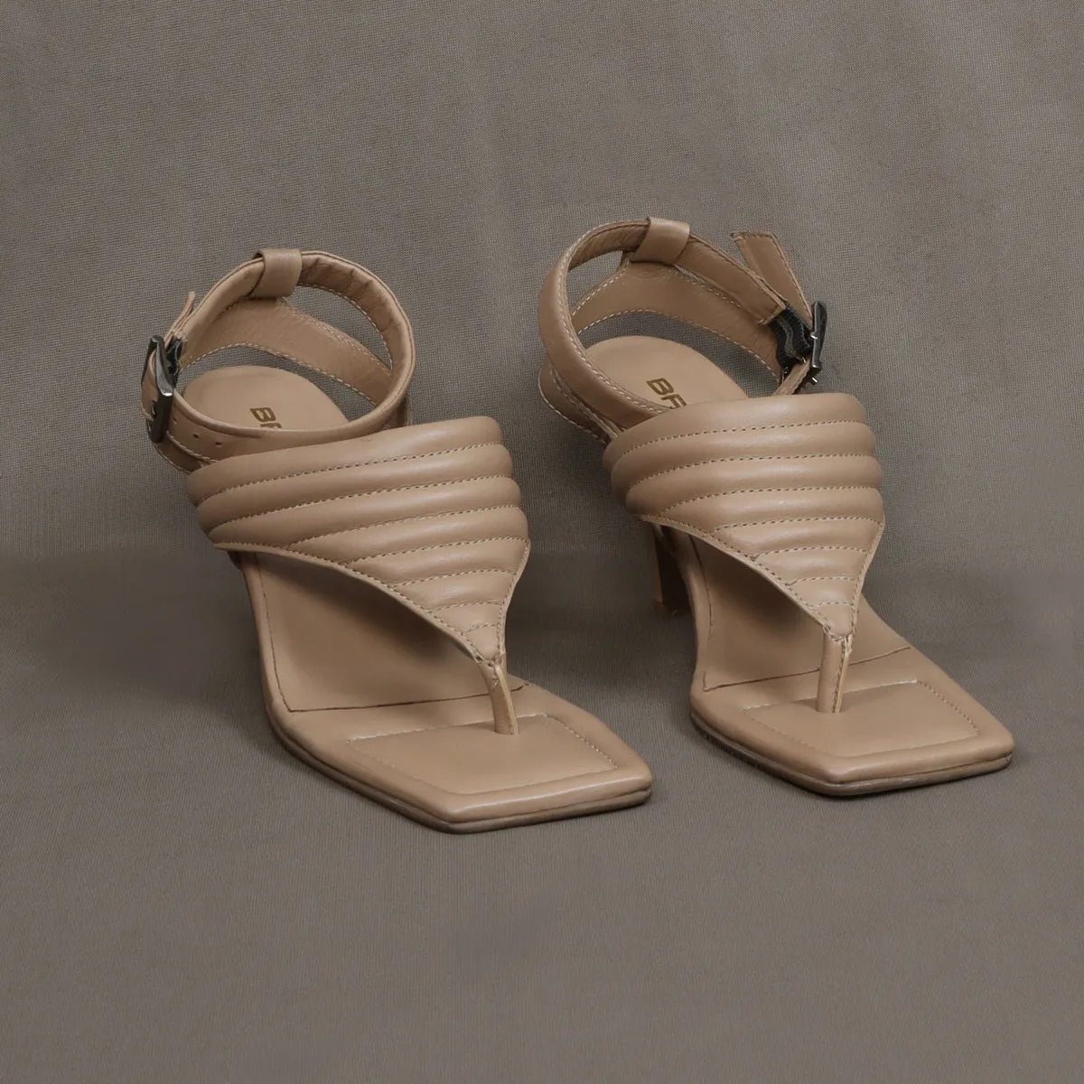 Beige Kitten Heel sandal with Flip-Flop Puffed Buckle Strap