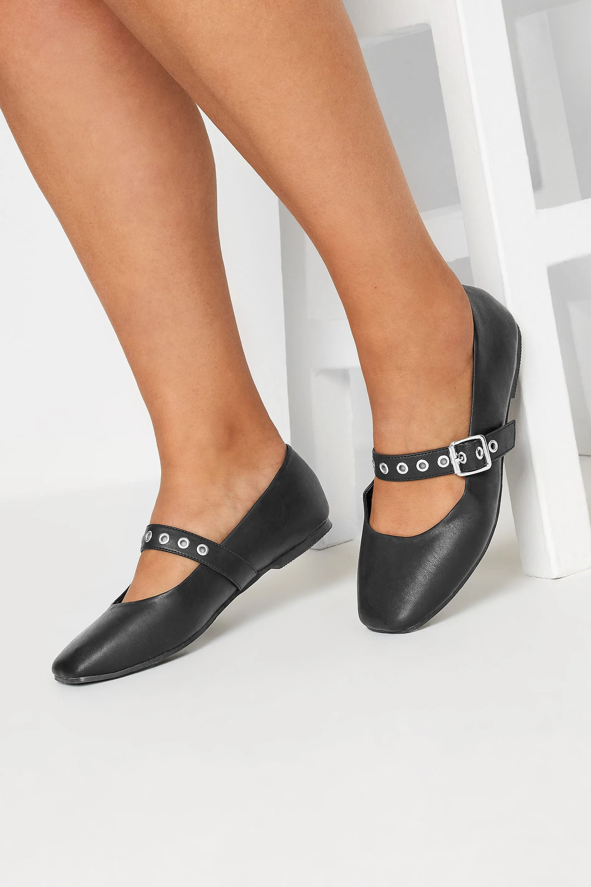 Black Buckle Detail Mary Jane Rivet Flats In Extra Wide EEE Fit