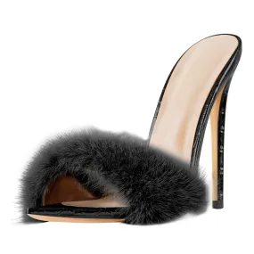 Black Feather High Heel Stilettos Sandals