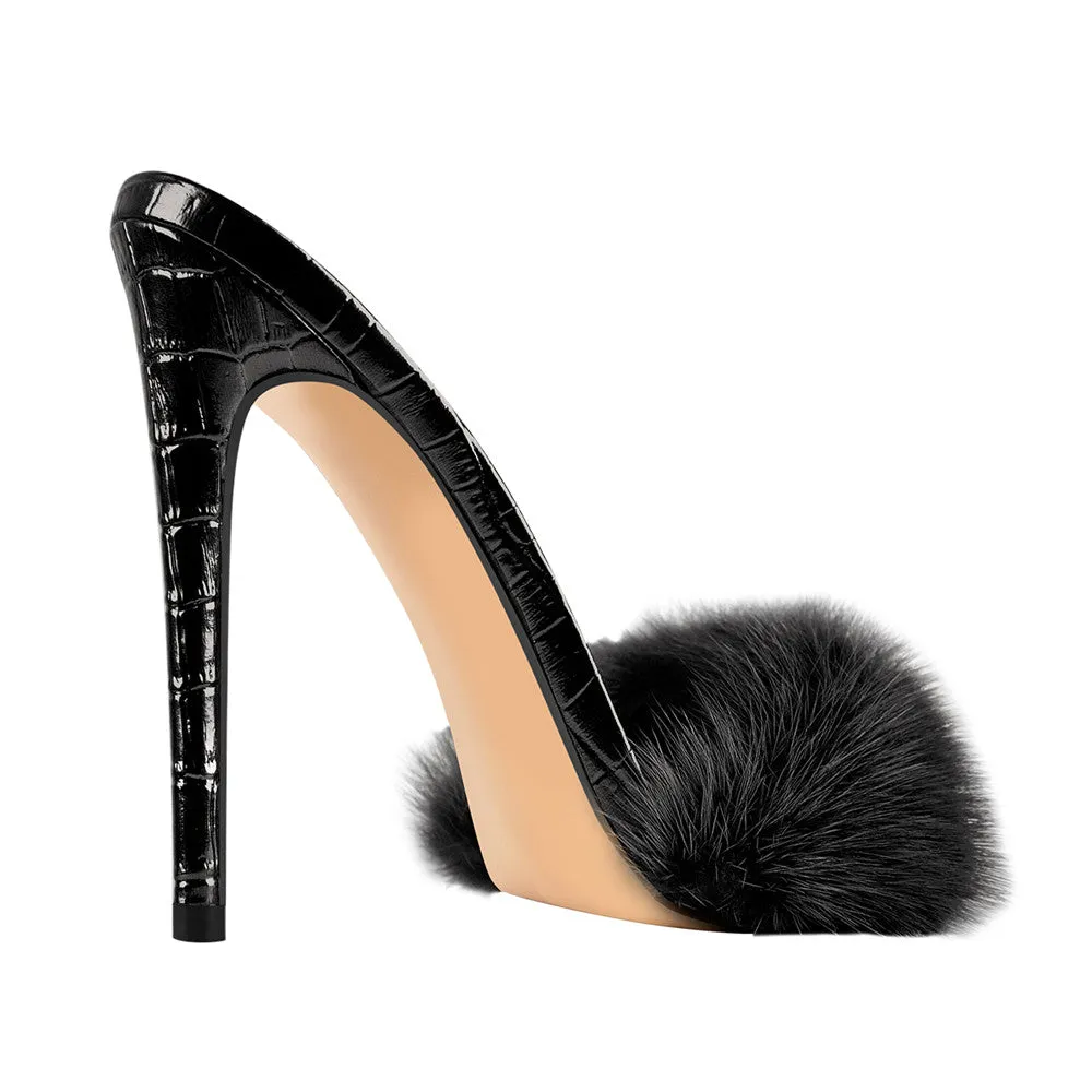 Black Feather High Heel Stilettos Sandals