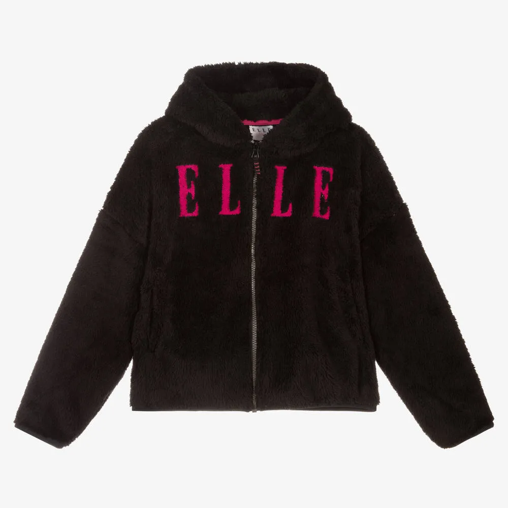 Black Logo Faux Fur Zip-Up Top