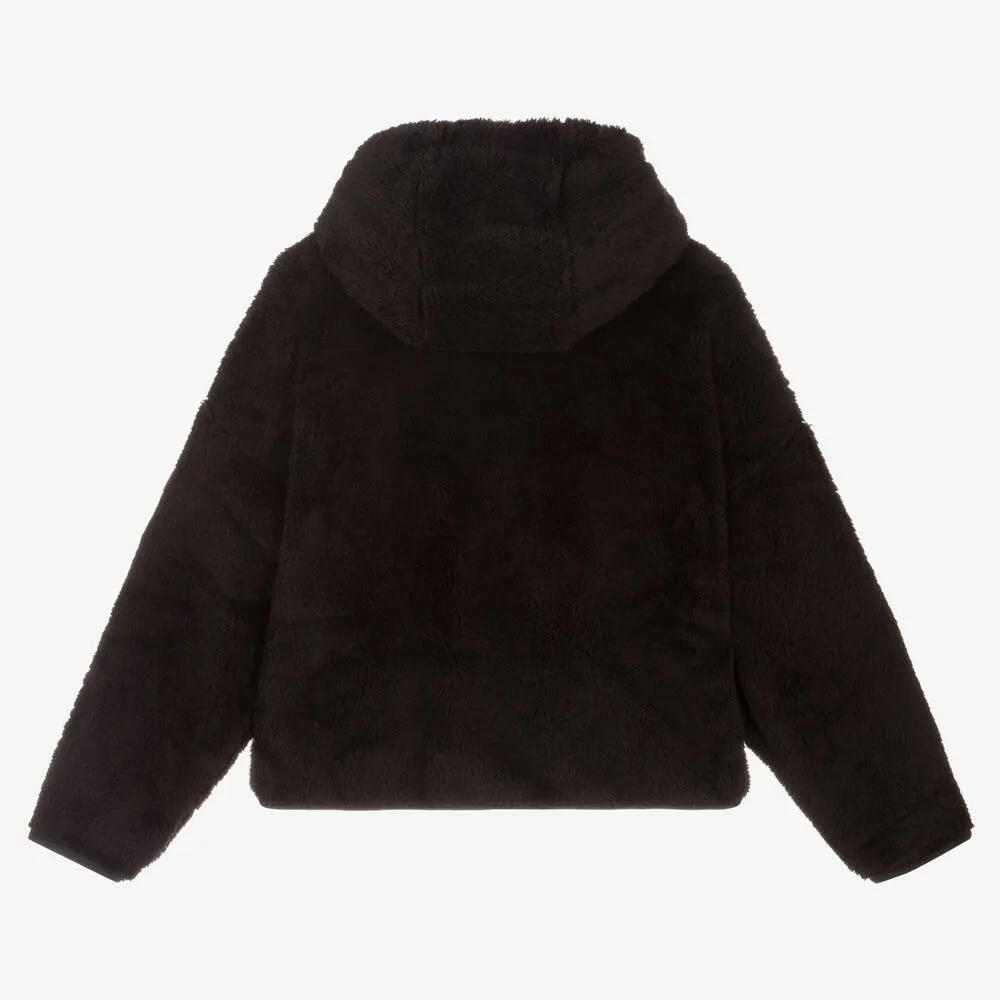 Black Logo Faux Fur Zip-Up Top