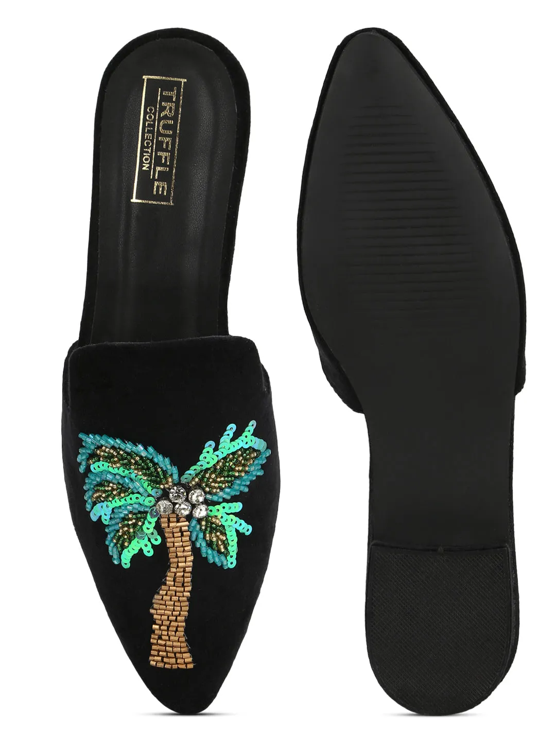 Black Suede Tropical Embroidery Kitten Heel Mules (TC-SLC-MJ-12-BLK)