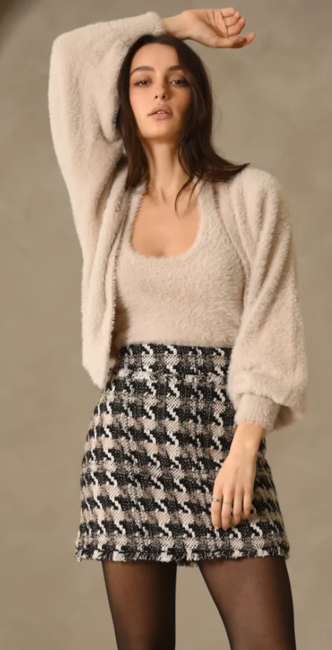 Black-Taupe-White Lenny Houndstooth Tweed Mini Skirt