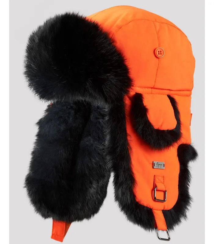 Blaze Orange B-52 Aviator Hat with Black Rabbit Fur for Men: FurHatWorld.com