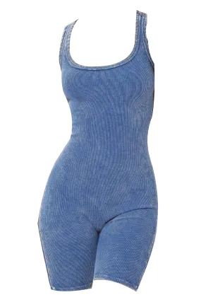 Blue Washed Ribbed Tank Racerback Romper