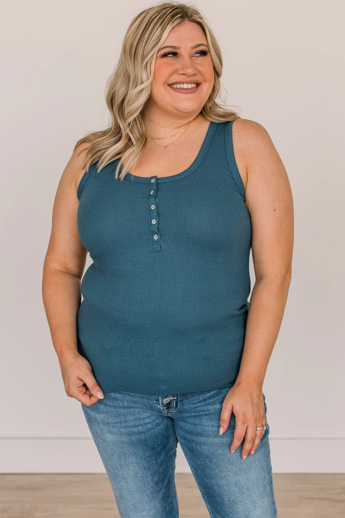 Bound To Be Beautiful Button Henley Tank Top- Dark Teal