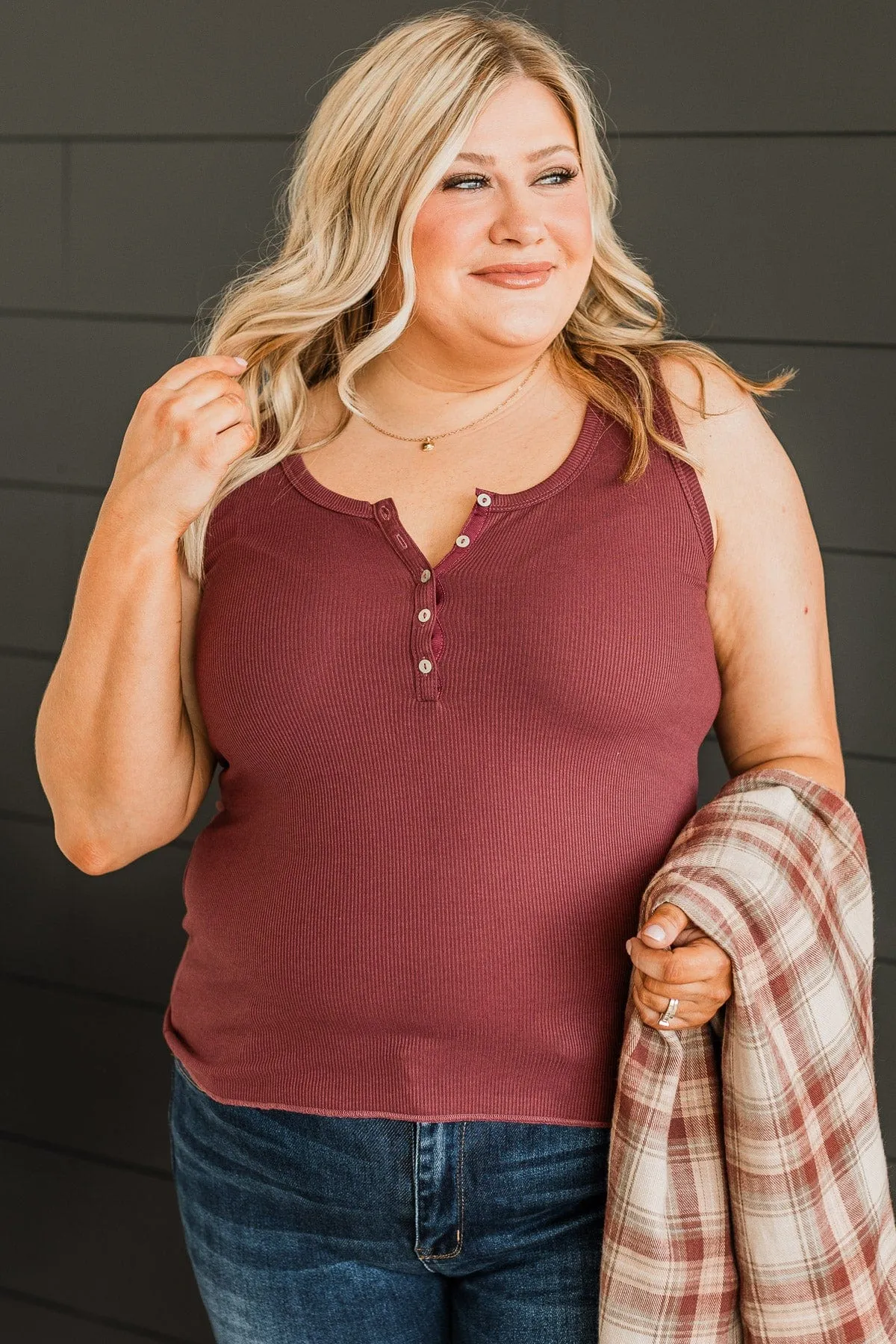 Bound To Be Beautiful Henley Tank Top- Burgundy