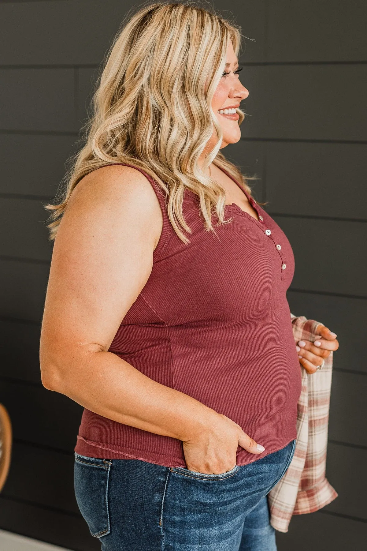 Bound To Be Beautiful Henley Tank Top- Burgundy