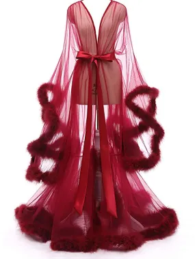 Burgundy Long Marabou Fur Edge Robe RB1331