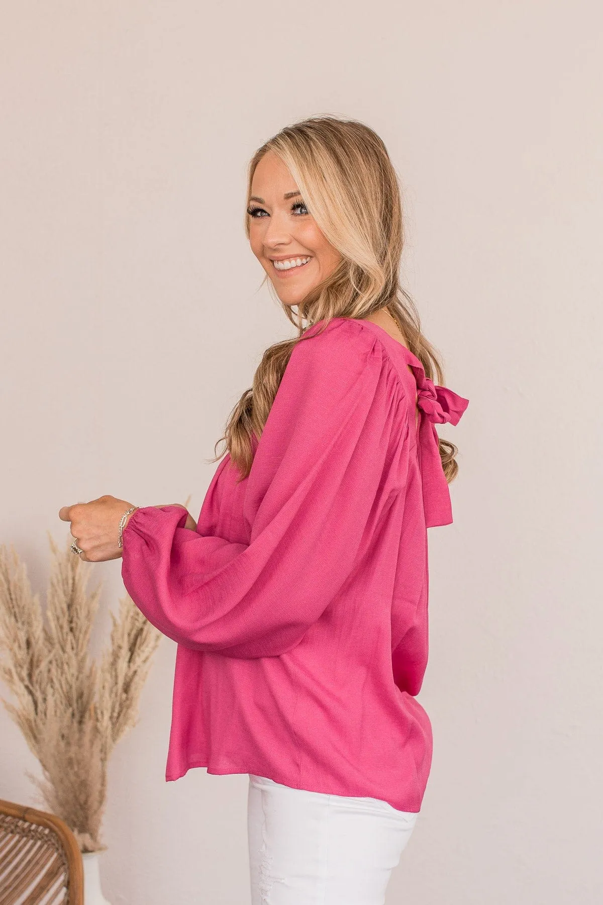 Business As Usual Tie Back Blouse- Magenta