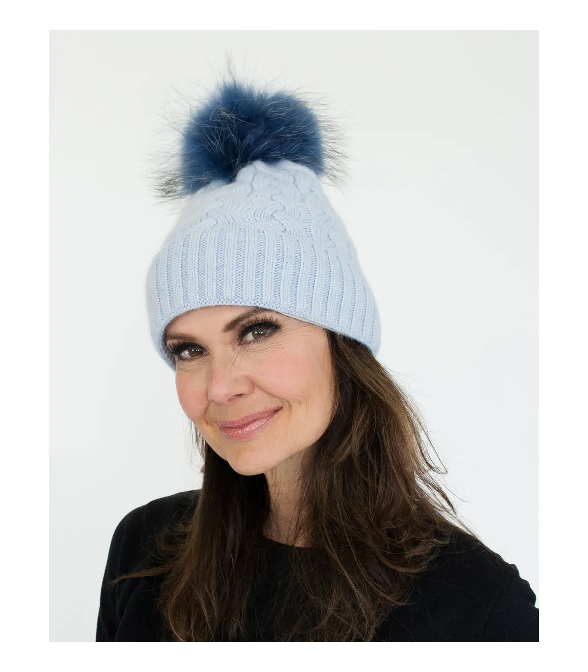 Cassy Knit Beanie with Finn Raccoon Fur Pom Pom in Blue at FurHatWorld.com