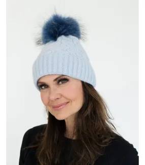 Cassy Knit Beanie with Finn Raccoon Fur Pom Pom in Blue at FurHatWorld.com