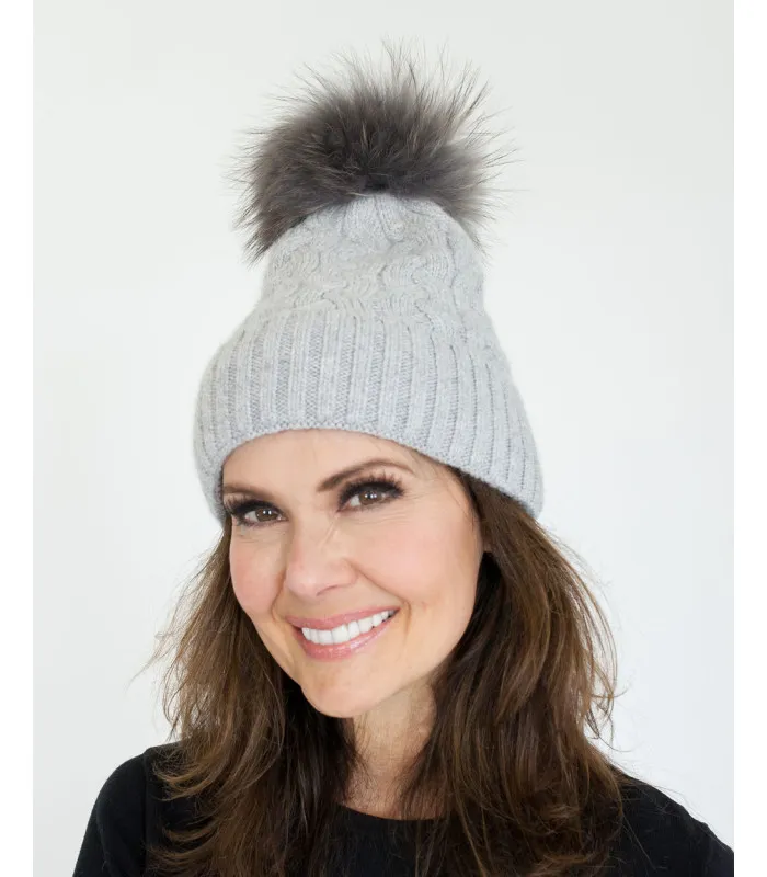 Cassy Knit Beanie with Finn Raccoon Fur Pom Pom in Grey at FurHatWorld.com