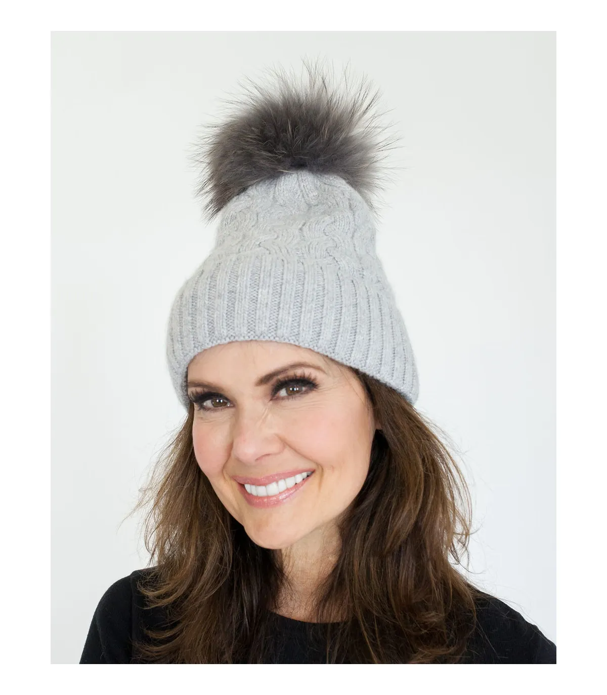 Cassy Knit Beanie with Finn Raccoon Fur Pom Pom in Grey at FurHatWorld.com