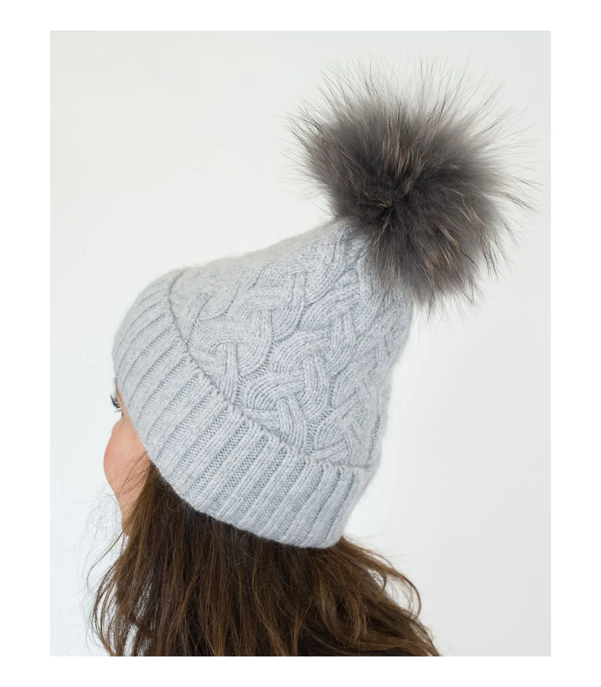 Cassy Knit Beanie with Finn Raccoon Fur Pom Pom in Grey at FurHatWorld.com