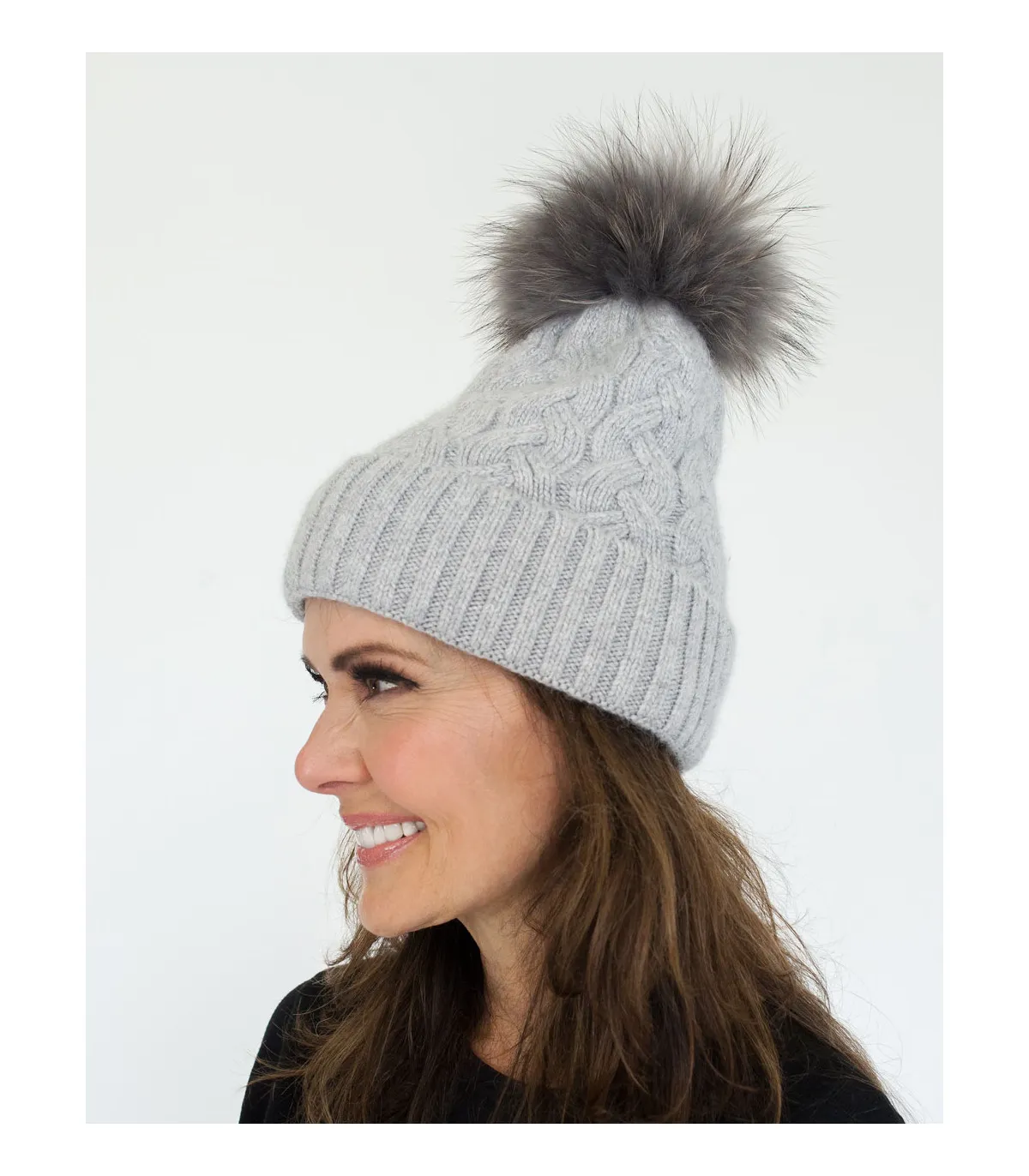 Cassy Knit Beanie with Finn Raccoon Fur Pom Pom in Grey at FurHatWorld.com