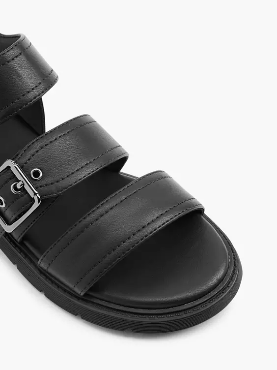 Catwalk  Black Double Buckled Flat Sandal