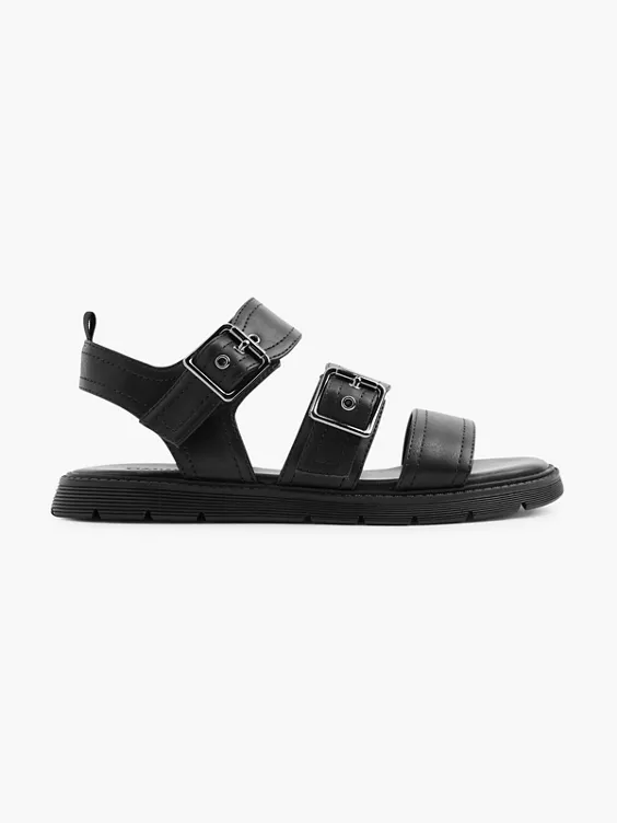 Catwalk  Black Double Buckled Flat Sandal