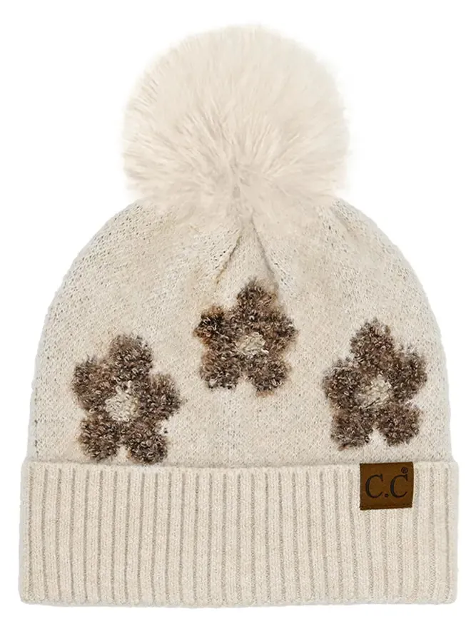 C.C.Beanie Daisy Contrast Faux Fur Pom