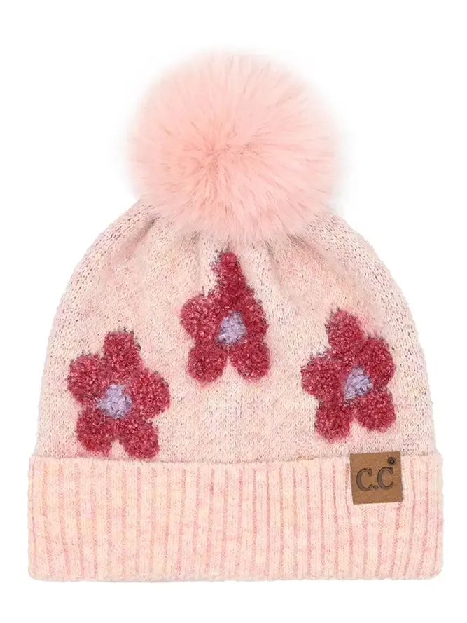 C.C.Beanie Daisy Contrast Faux Fur Pom