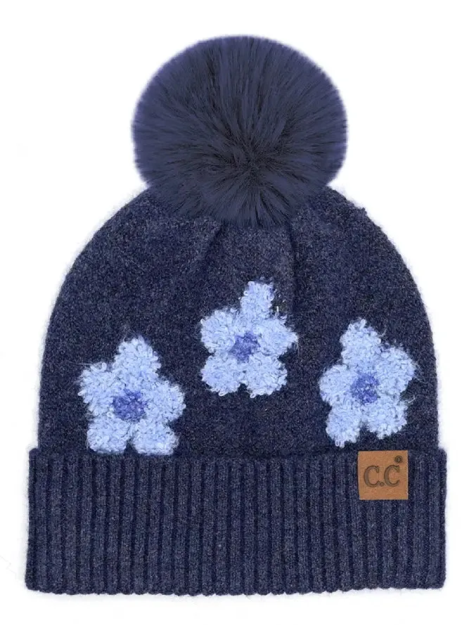 C.C.Beanie Daisy Contrast Faux Fur Pom