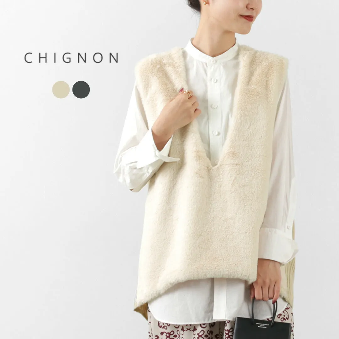 CHIGNON（シニヨン） ファードッキング ベスト / レディース ニット 無地 Vネック Fur docking vest