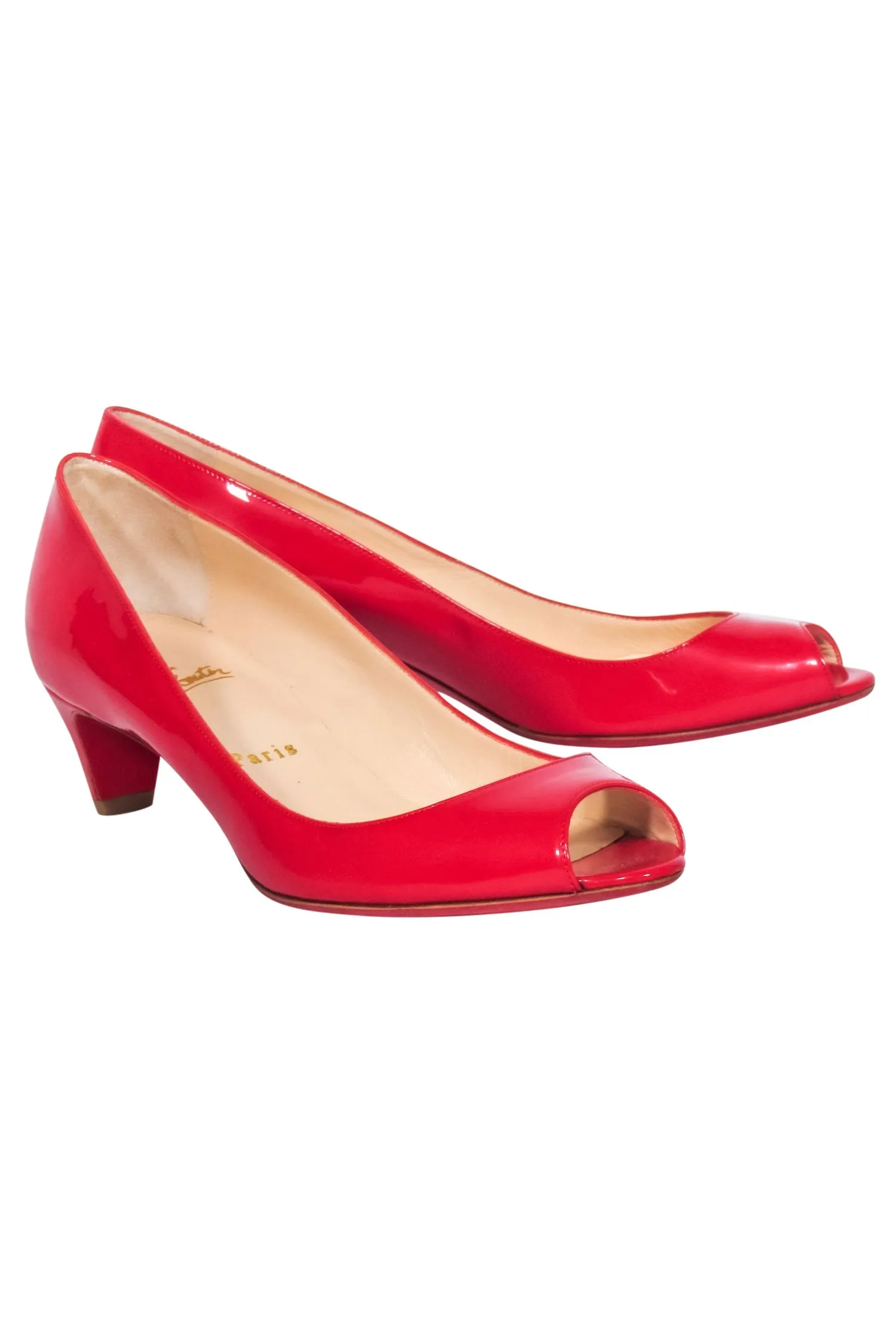 Christian Louboutin - Red Patent Leather Peep Toe Kitten Heels Sz 8