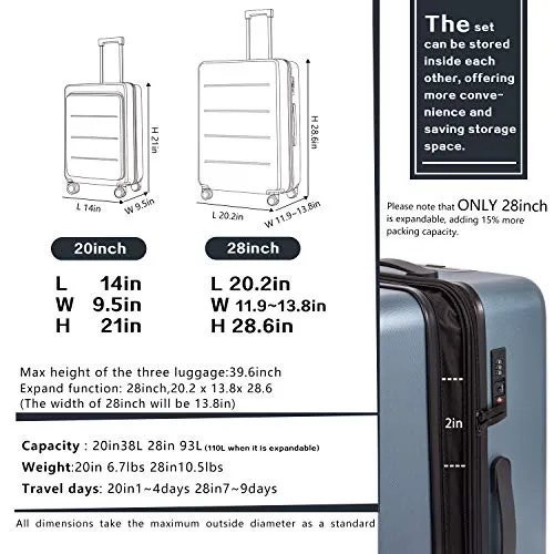 COOLIFE Luggage Suitcase Piece Set Carry On ABS+PC Spinner Trolley with Laptop pocket (Night navy, 2-piece Set)