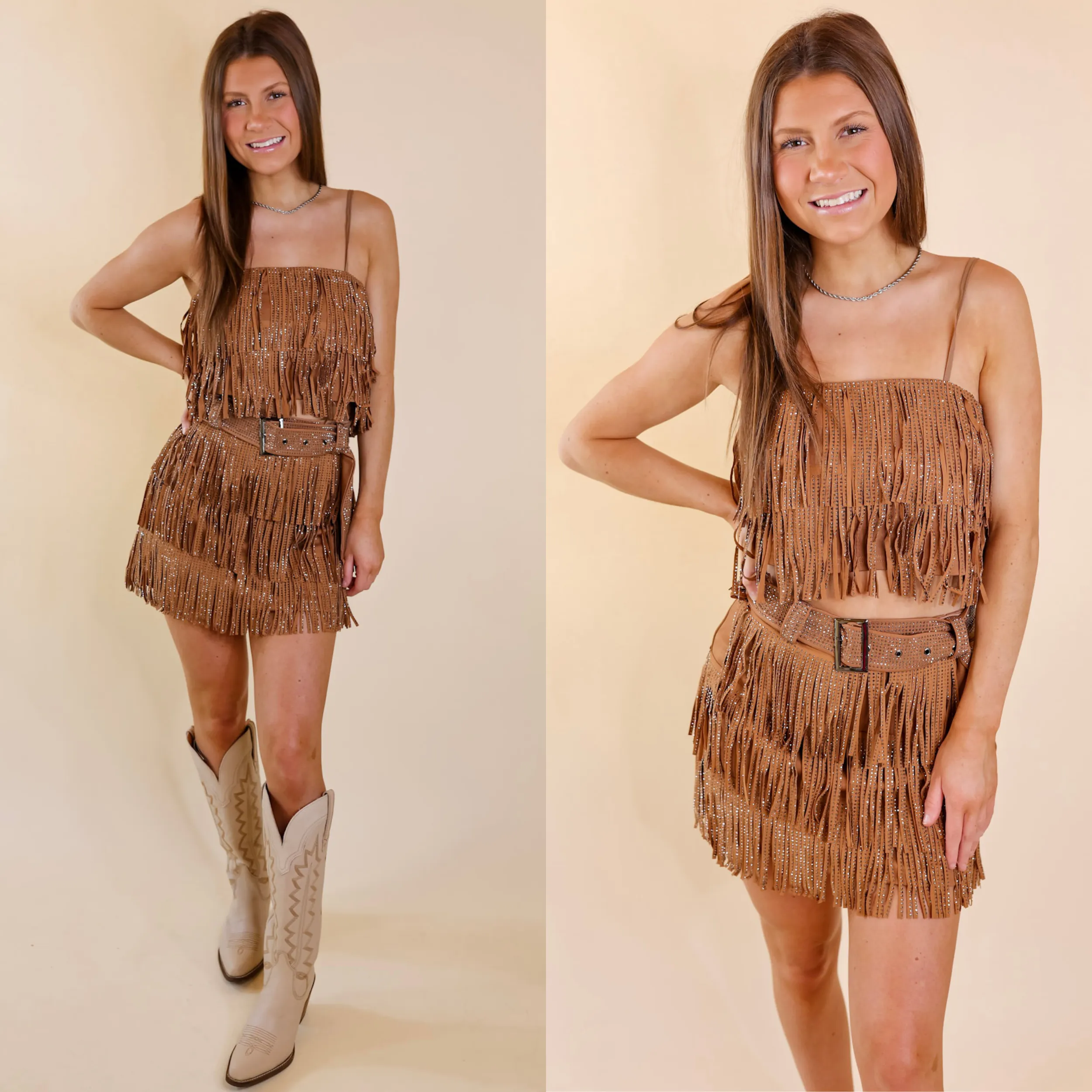 Cowboy Killer Crystal Fringe Crop Top in Camel Brown