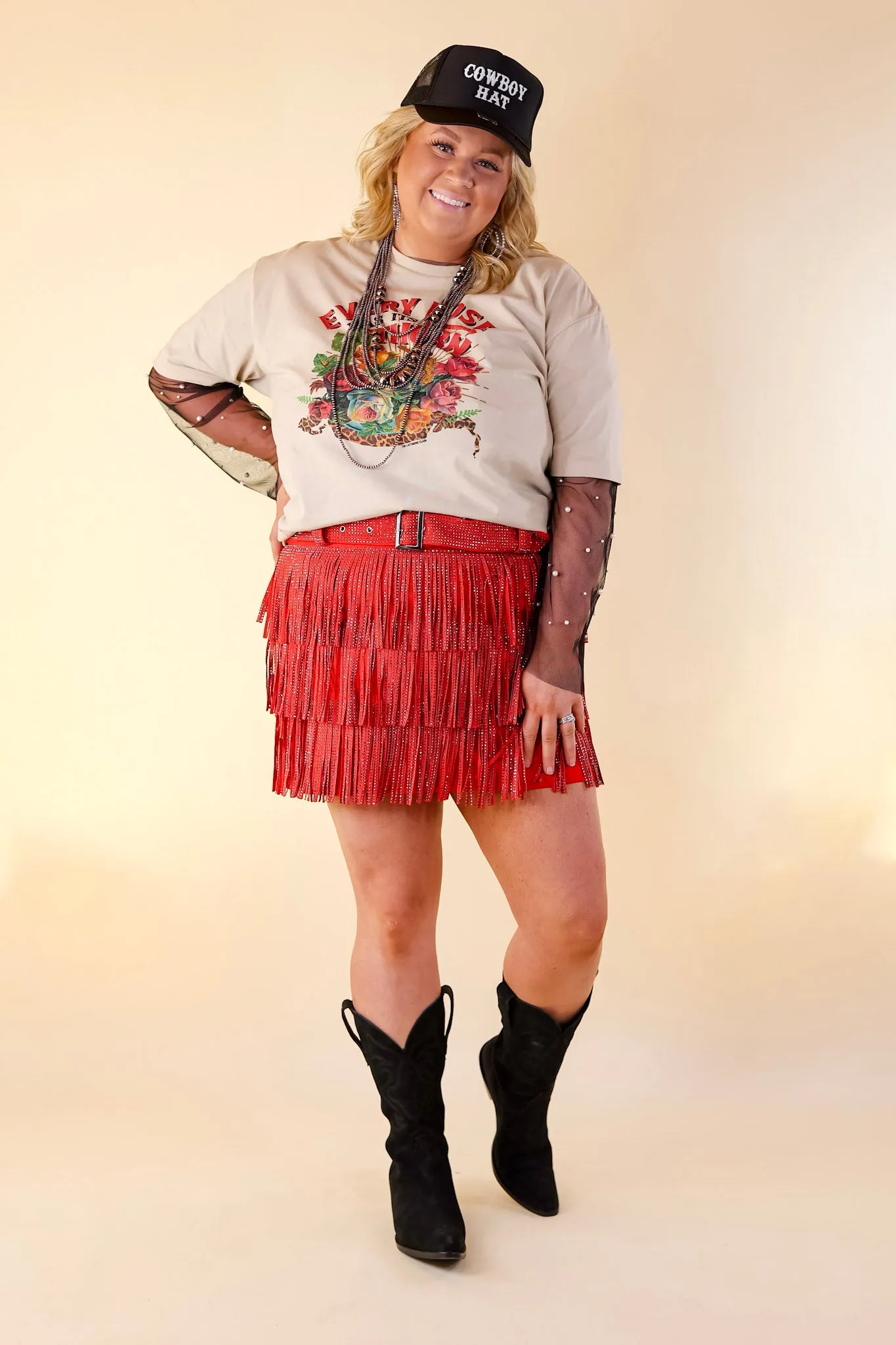 Cowboy Killer Crystal Fringe Mini Skort in Red