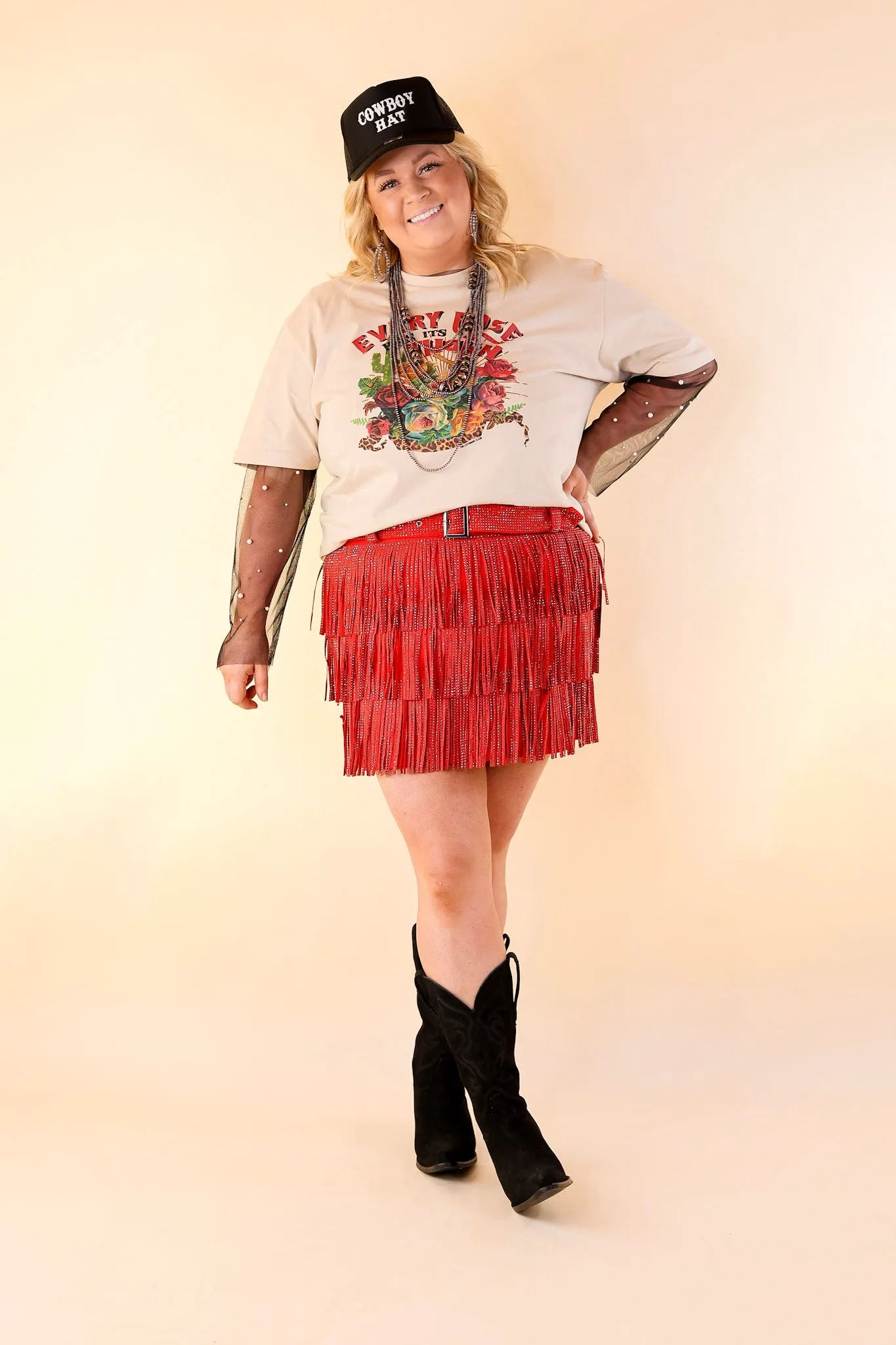 Cowboy Killer Crystal Fringe Mini Skort in Red