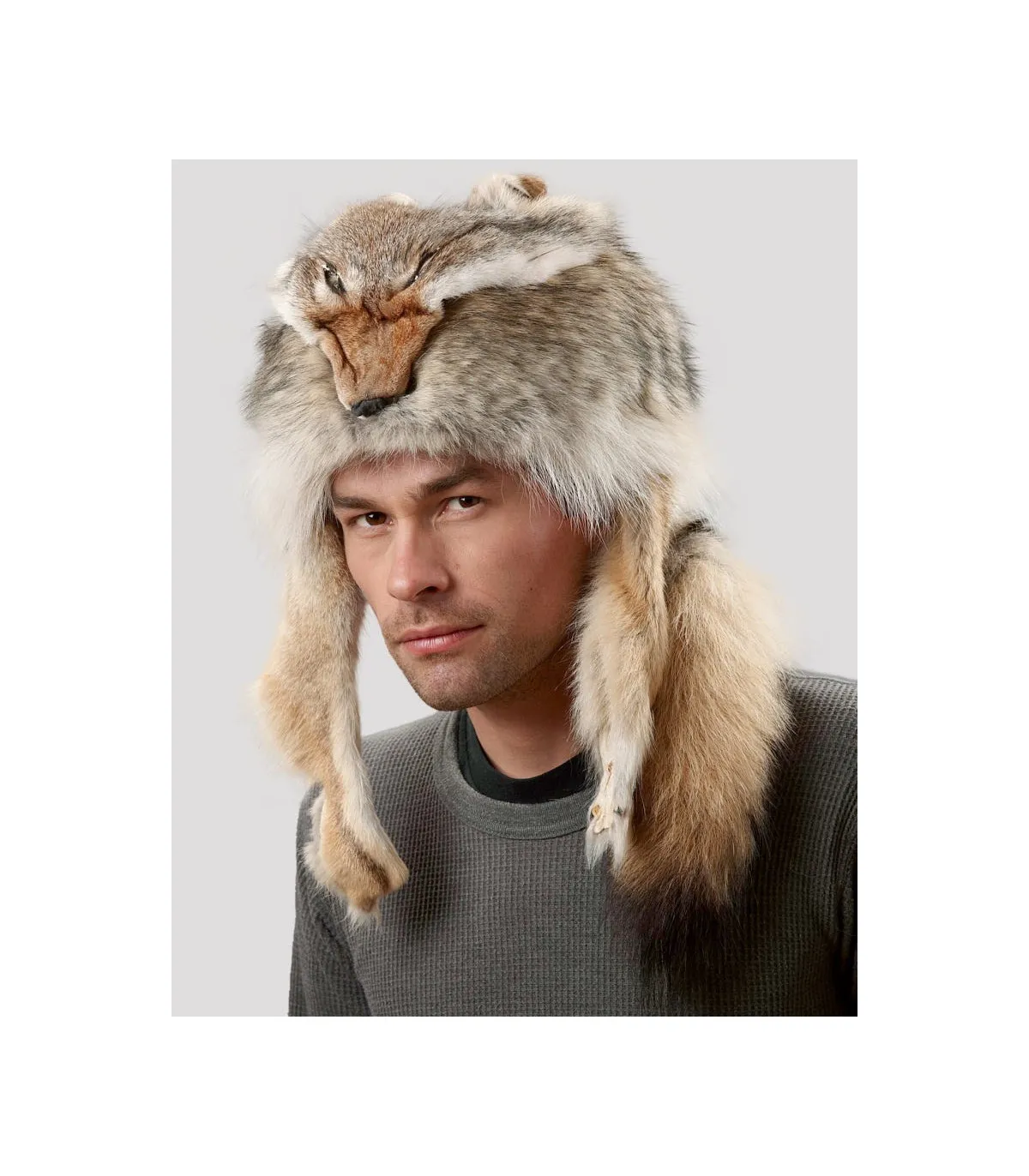 Coyote Fur Davy Crockett Men's Hat with Face & Legs: FurHatWorld.com