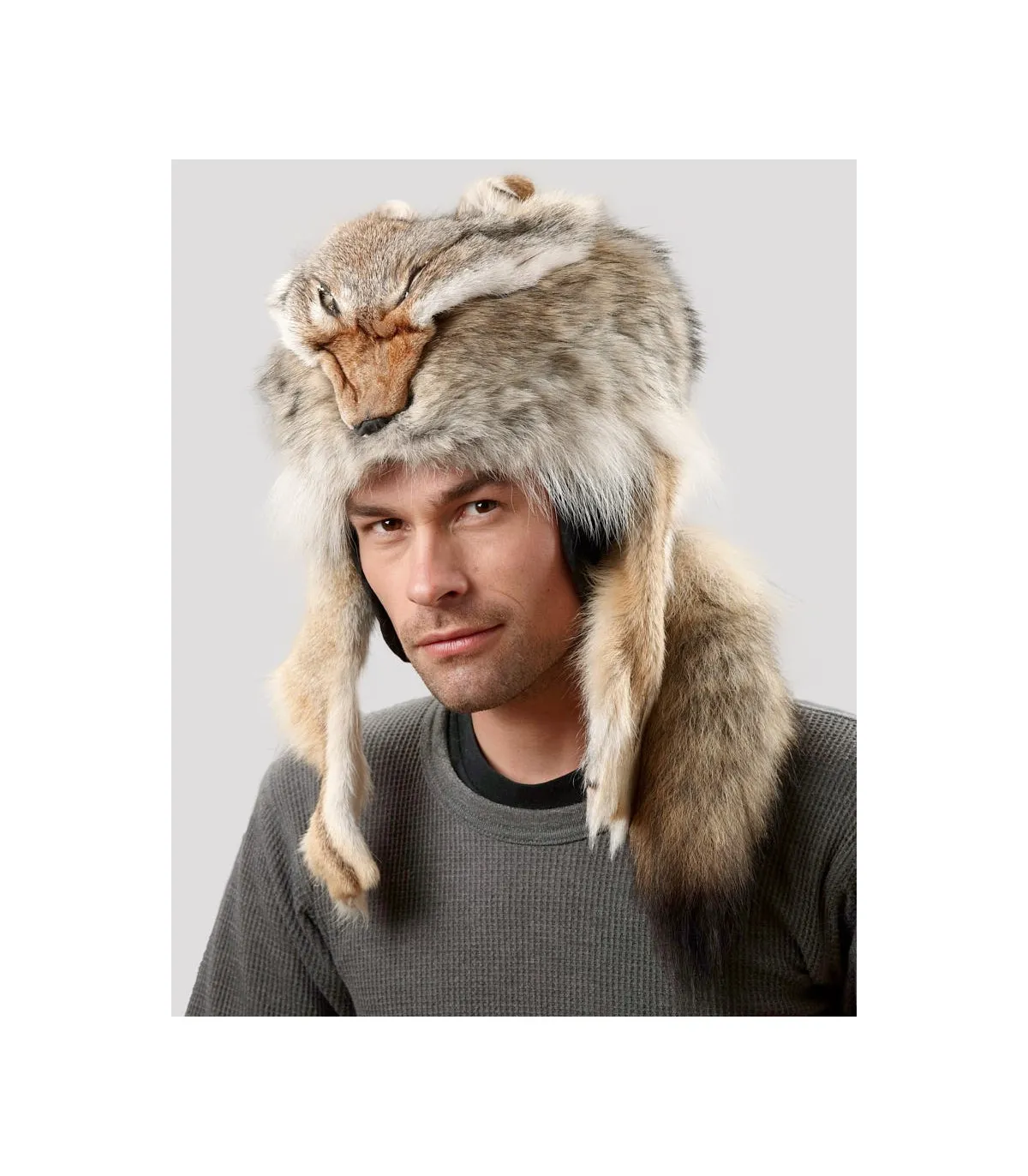 Coyote Fur Davy Crockett Men's Hat with Face & Legs: FurHatWorld.com