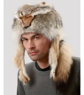 Coyote Fur Davy Crockett Men's Hat with Face & Legs: FurHatWorld.com