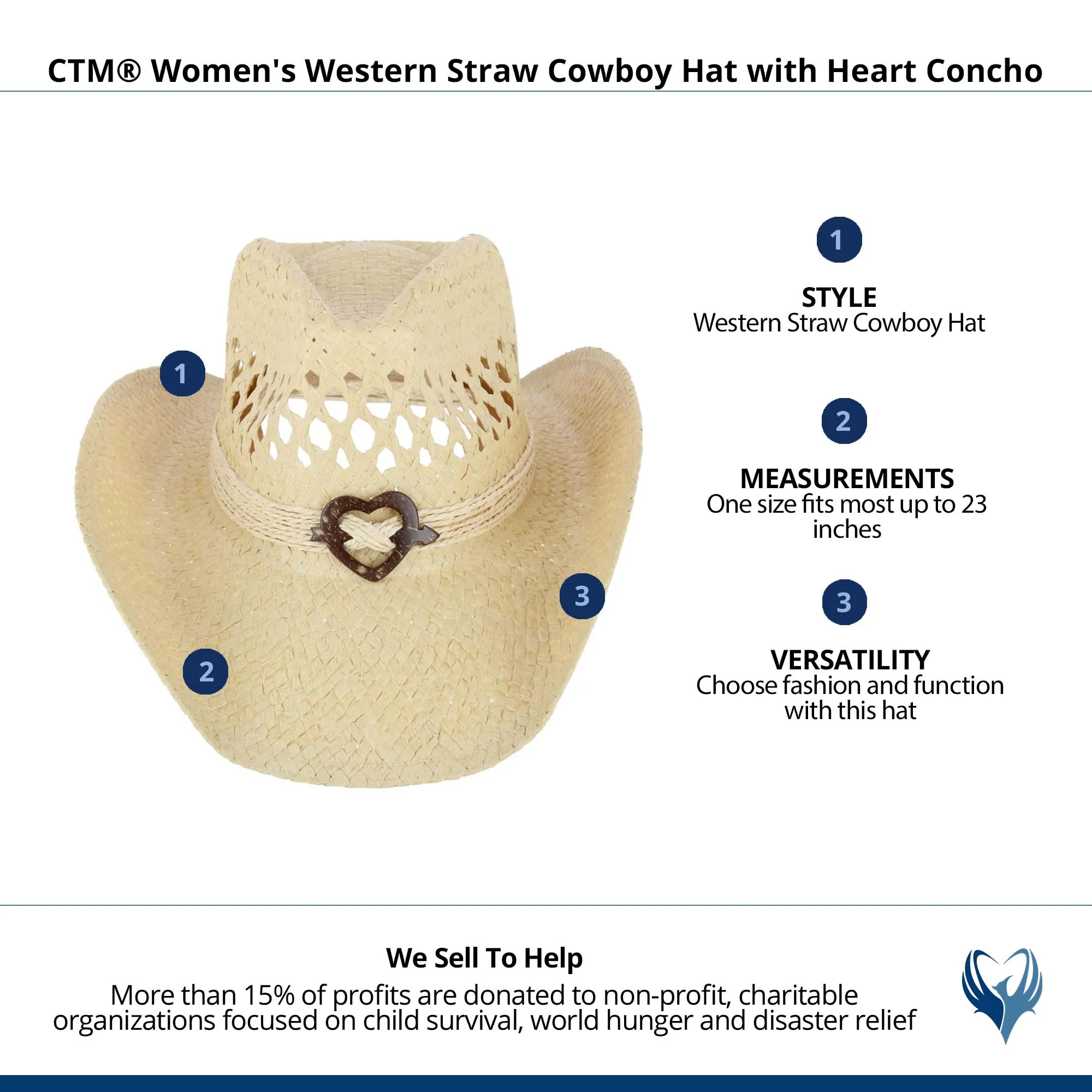 CTM Women's Western Straw Cowboy Hat with Heart Concho