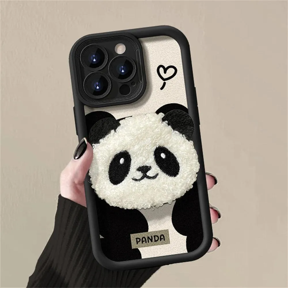 Cute 3D Plush Panda Doll Cartoon Phone Case for iPhone 15 Pro Max, 14, 13, 12 Pro, 11, and 15 Plus